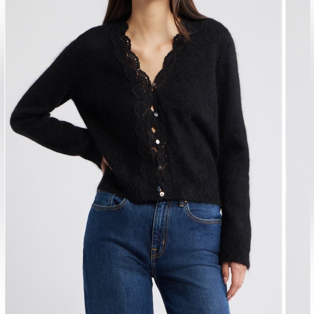 Rails Mer Lace Trim Black Cardigan Alpaca Wool Blend Size Small